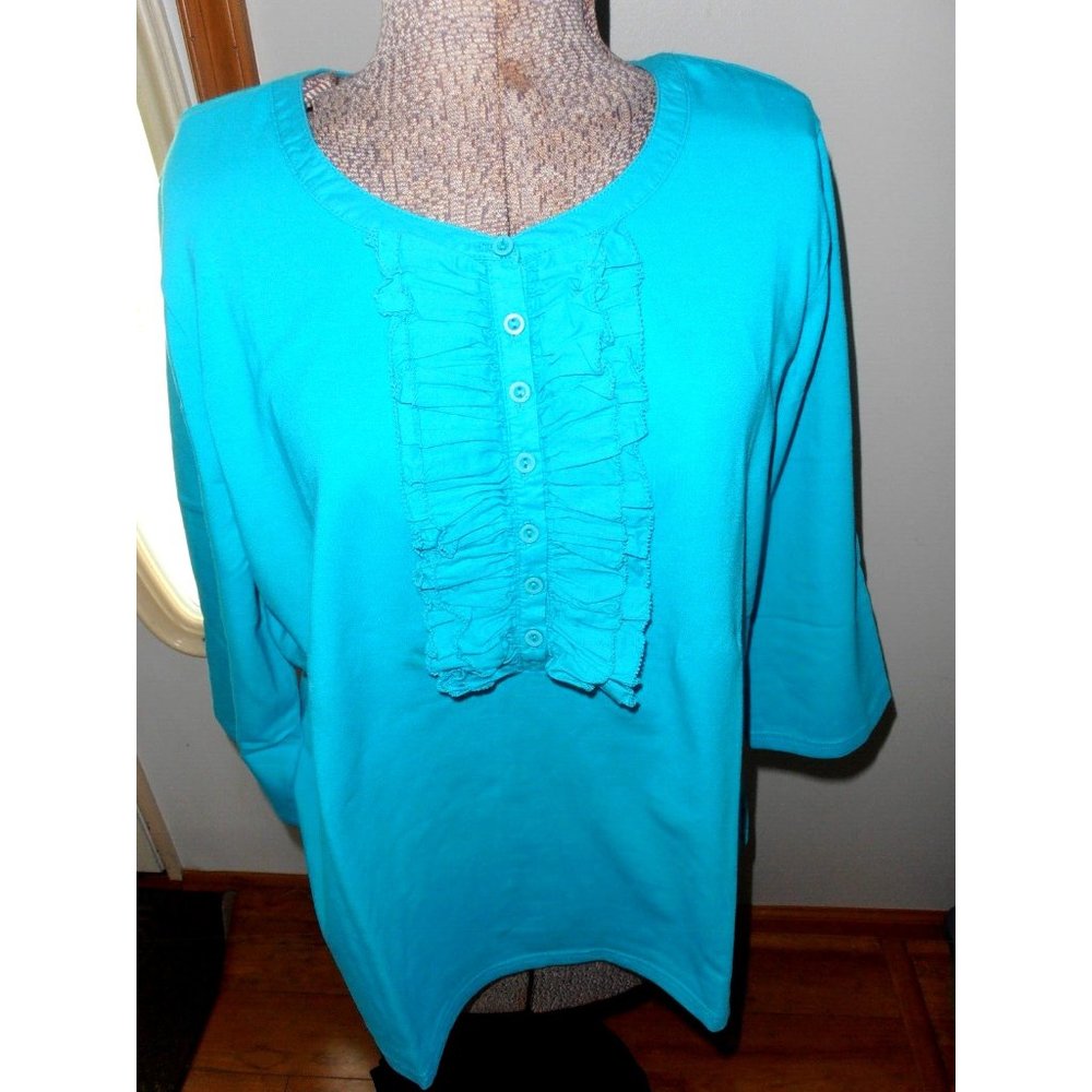 QVC Susan Graver Style Turquoise Ruffled Front 3/4 sleeve Cotton Spandex top  1X